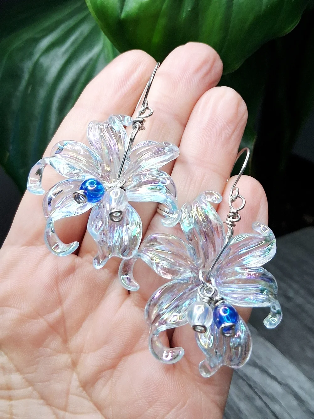 Iridescent Light Blue Lily Flower Glass Earrings with Blue Accent